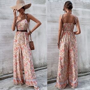 Byinns Floral Pattern Sleeveless Wide Leg Flowy Jumpsuit- Size XL